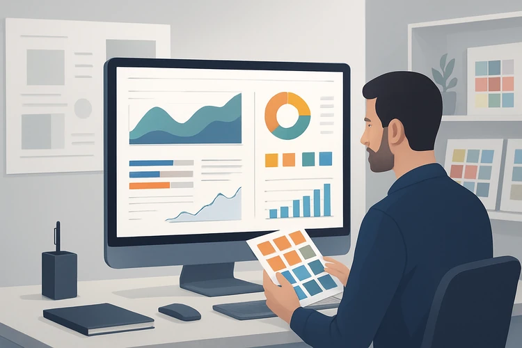 Designer reviewing color choices for an analytics dashboard interface.