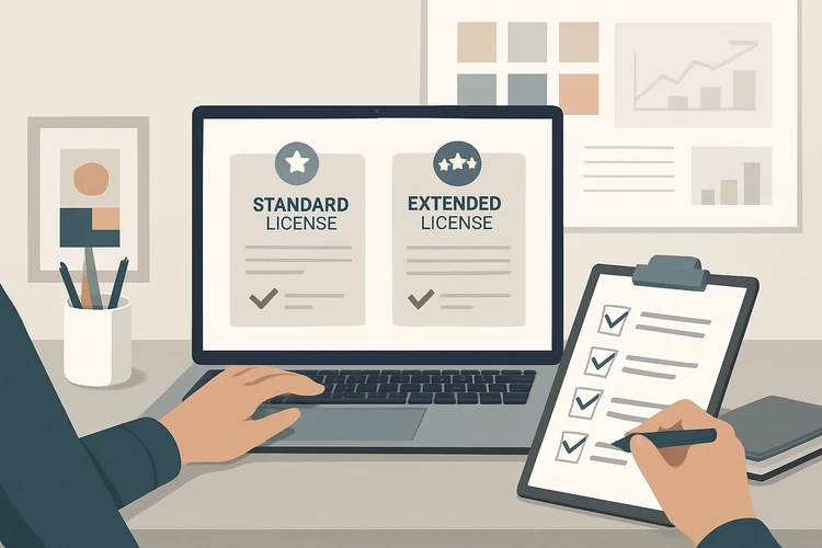 Standard and extended license comparison for design assets.