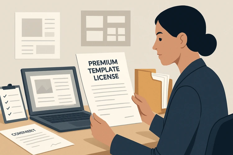Designer checking template licensing before using it in a client project.