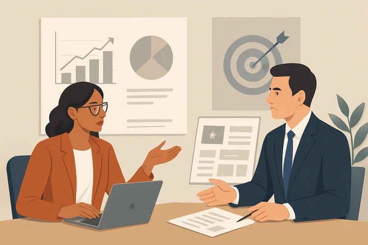 Designer explaining value-based pricing to a client.